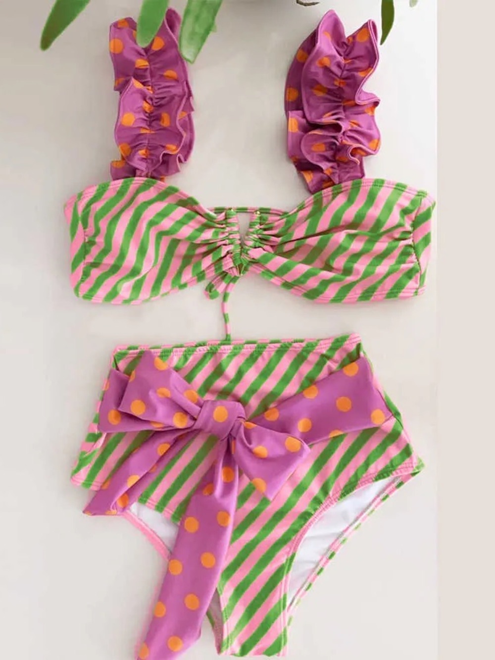 Pink and Green Striped Two-Piece Swimsuit with Purple Polka Dot Accents